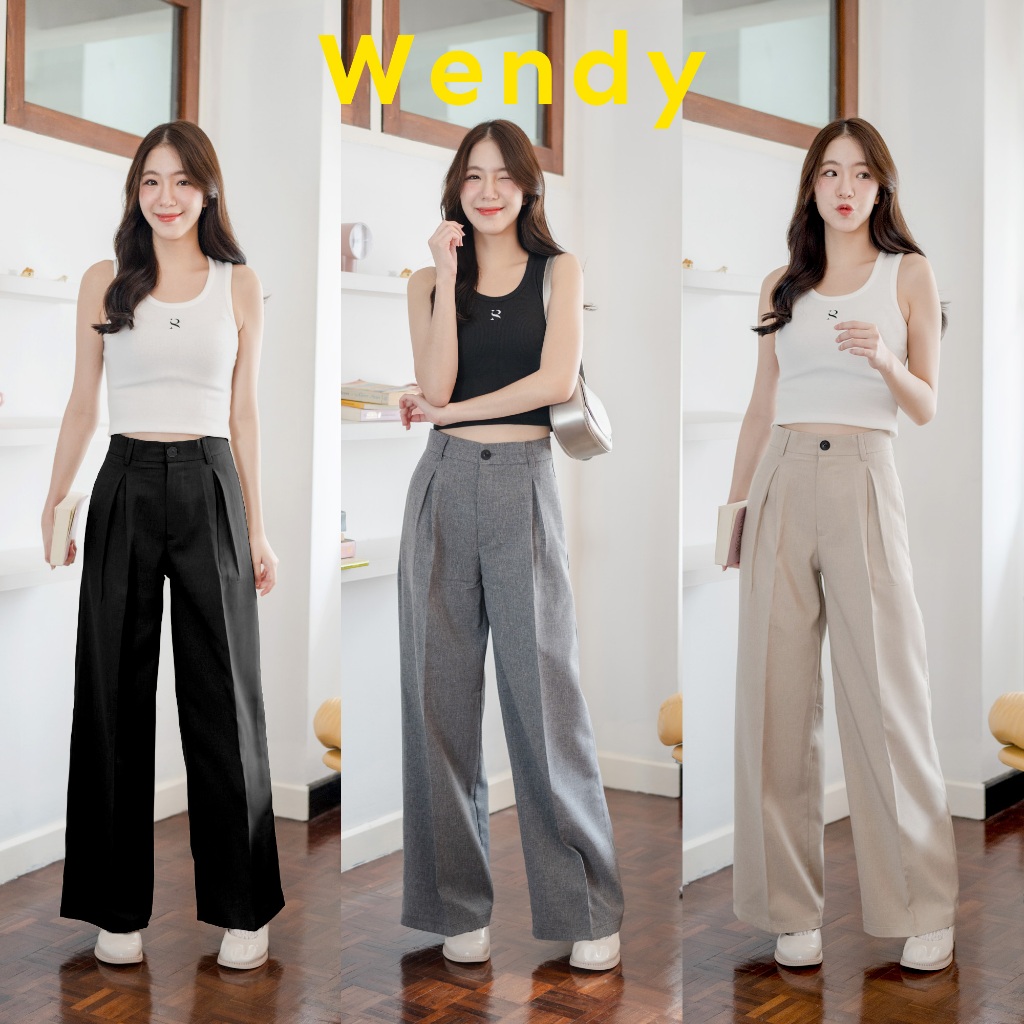 Wendy_SP042 กางเกงกระบอกใหญ่ ทรงตรง ดีเทลกระดุม แต่งจีบหน้า2จีบ เหมาะกับสาวเอวเล็กสะโพกใหญ่จ้า