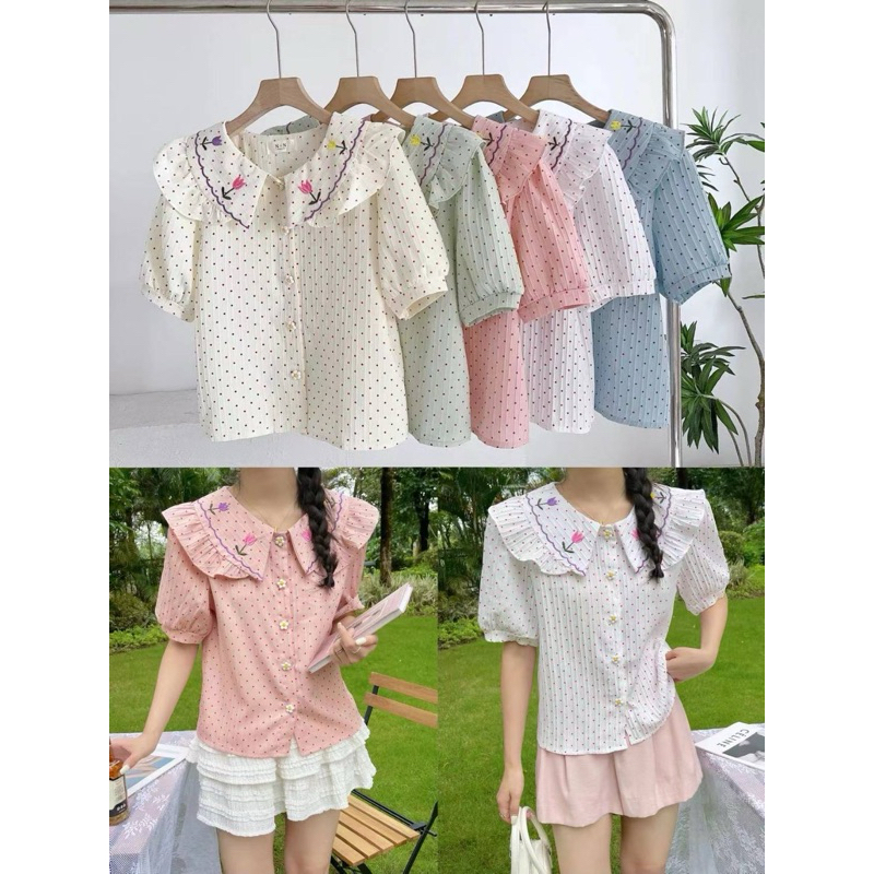 เสื้อคอบัวแขนสั้น ลายจุดแดง คอบัวปักดอกไม้ (อก40“)