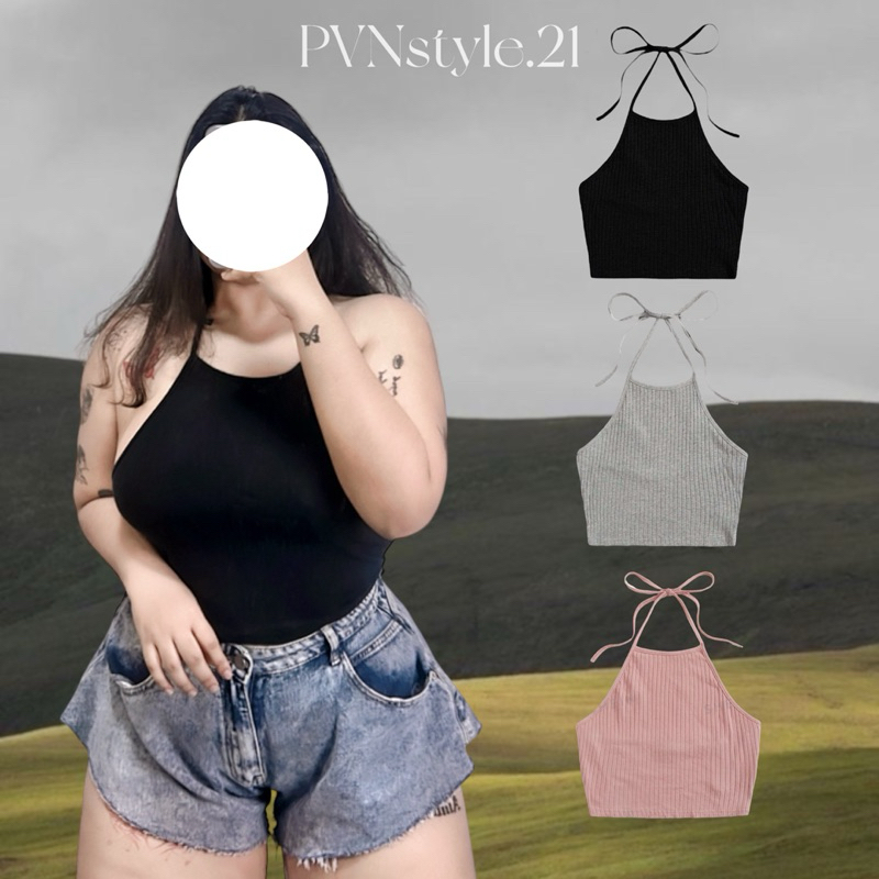 (ไซส์ใหญ่)เสื้อครอปสายเดี่ยวผ้าร่องคล้องคอ อก 36-50