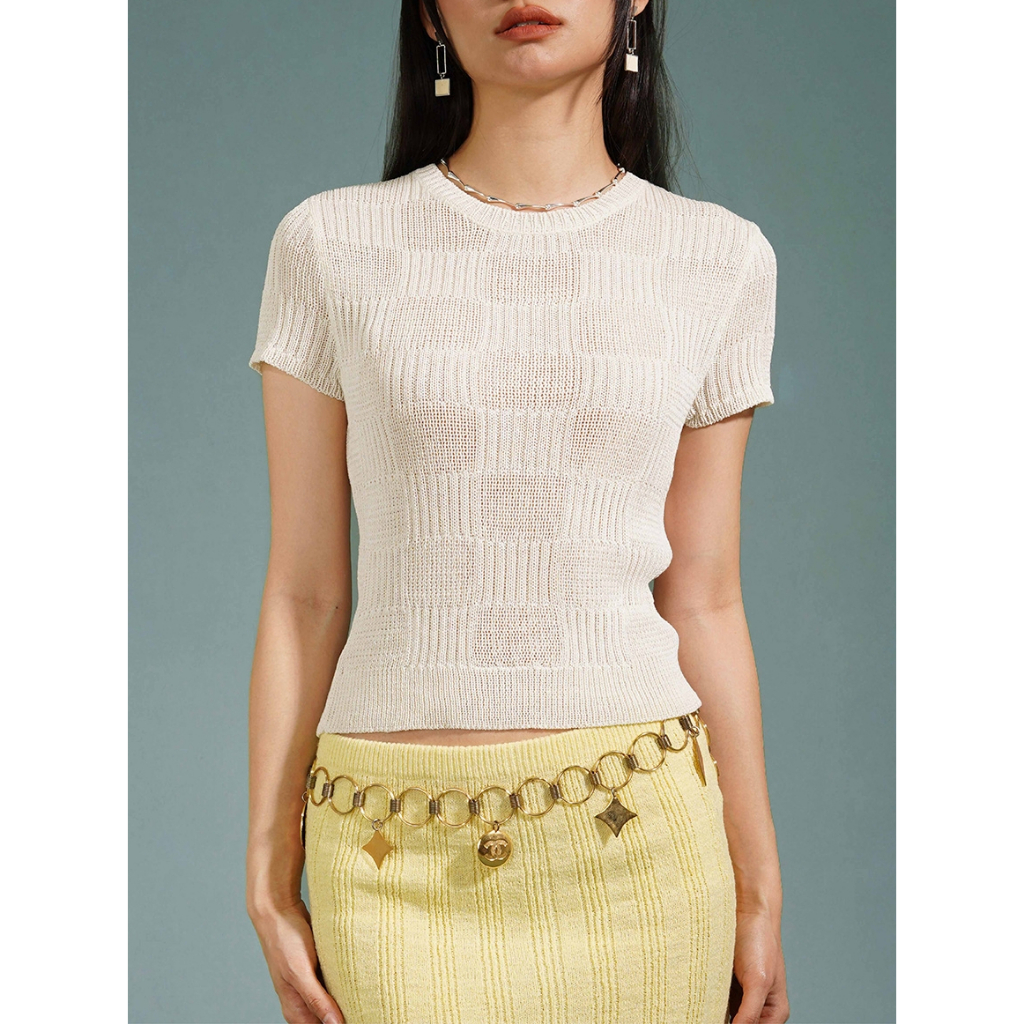 knitCircle - Checkerboard knit Baby Tee (2 สี) knitCircle x Madmatter เสื้อยืดไหมพรมทรงเข้ารูป สลับลายทอตาราง_knit123