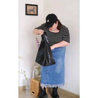 CiCi Plus+(A2143)เสื้อยืดไหมพรมลายทาง/สีพื้นคอกลม ผ้ายืด สไตล์สาวพลัสไซส์