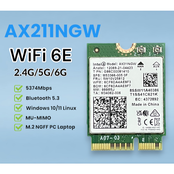 การ์ด WiFi 6E Intel AX211 NGW บลูทูธ 5.3 รองรับ Windows 10/11 (64bit)