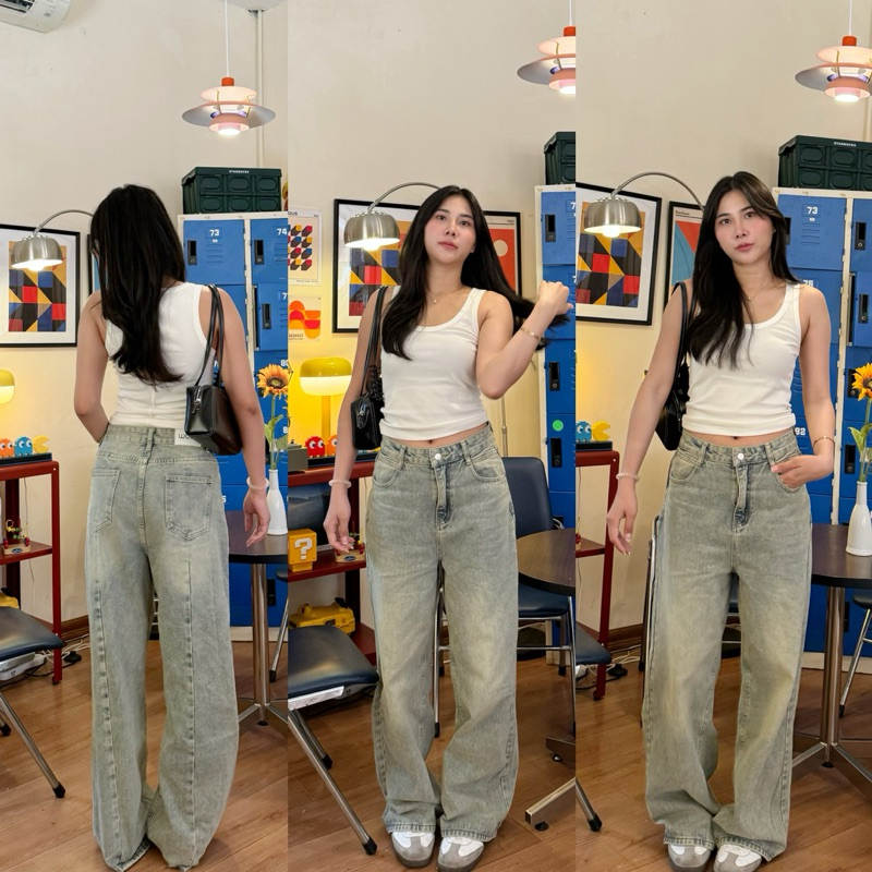 กางเกงยีนส์ทรง baggy jeans ทรงกระบอกใหญ่สียีนส์อ่อนฟอกสนิม-8259