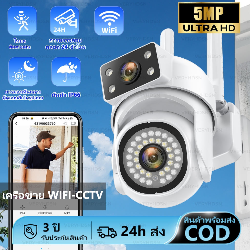 กล้องวงจรปิด CCTV กล้องไร้สาย ​IP camera WIFI 5MP HD โหมดพาโนรามา360องศา outdoor Infrared night vision การตรวจจับการเคลื