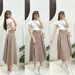 LUNA SKIRT กระโปรงจีบยาวหน้า-หลัง ขอบเอวเรียบซิปหลัง ผ้าบาร์บี้เปเป้ เอวสูง