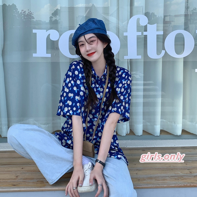 พร้อมส่ง girls only ♡เสื้อเชิ้ต Blue Peach เสื้อฮาวาย oversize ผ้านิ่ม สไตล์เกาหลีมา มีสีสัน