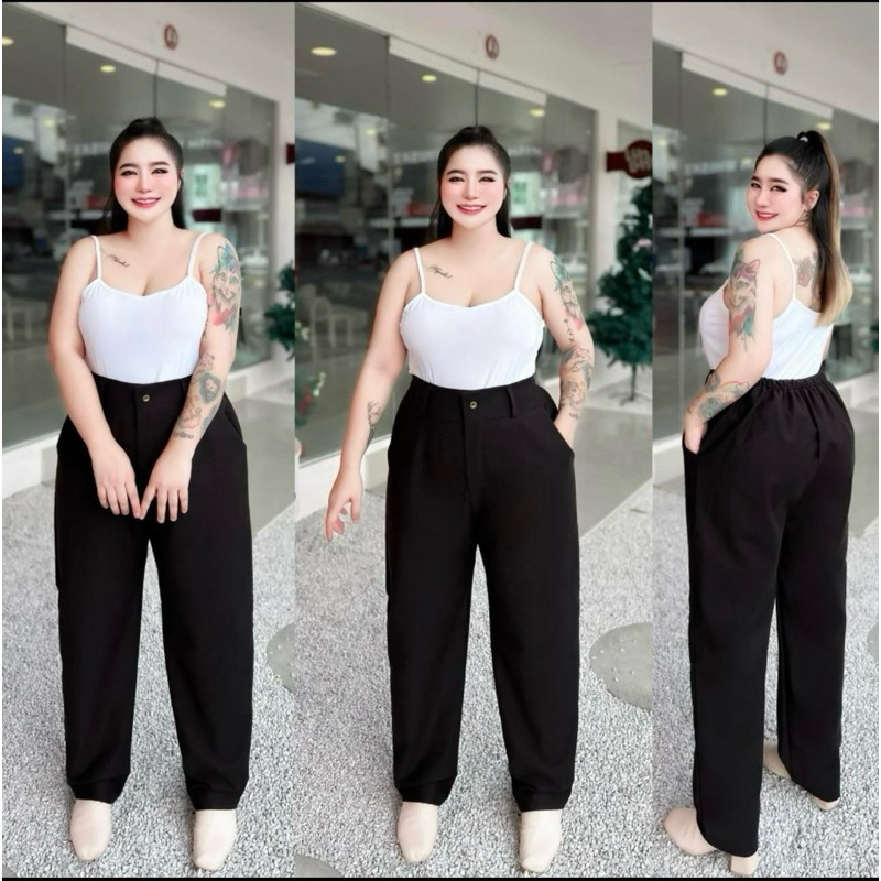 #83(ส่งเร็ว)กางเกงขายาวขากระบอกเล็ก เอวหลังใส่ยางสม็อค มีกระเป๋าข้าง เนื้อผ้าบาร์บี้ กางเกงสาวอวบ Bigsize  Women