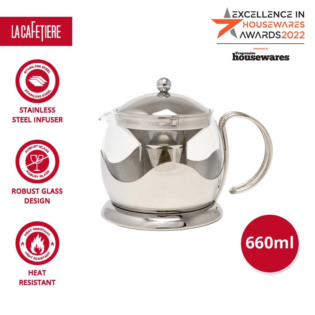 La Cafetiere Le Teapot with Removable Stainless Steel Lid & Infuser, Borosilicate Glass Teapot & Robust Stainless Steel Holder with Stovetop Safe Tea Kettle Blooming Tea