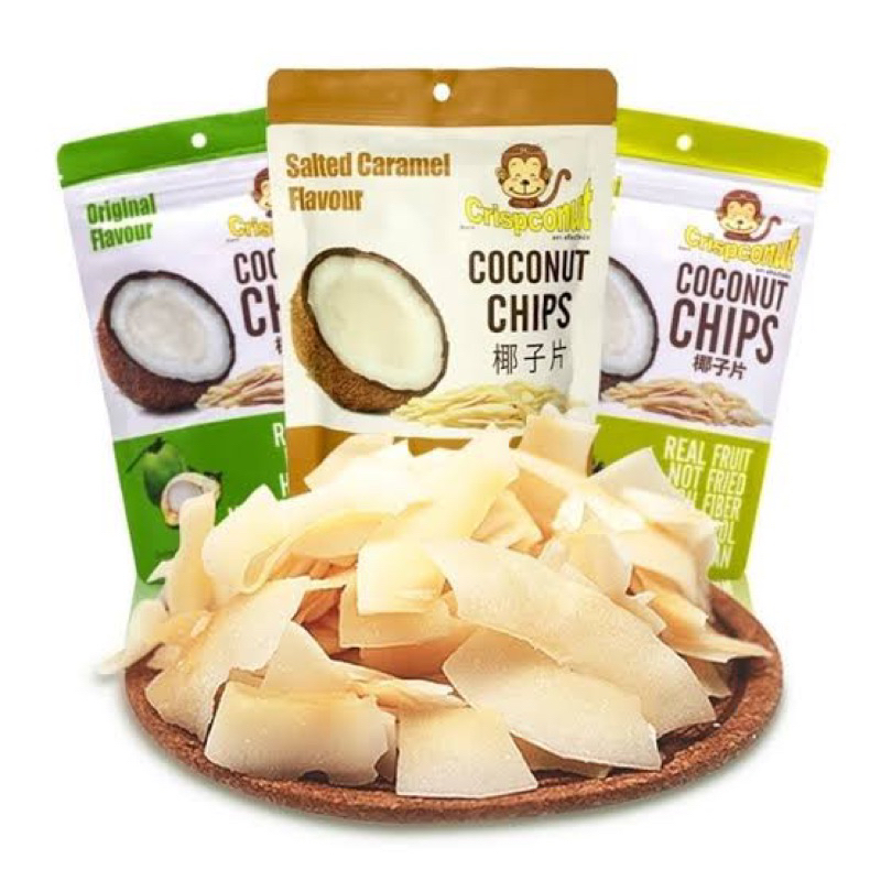 F crispconut coconut chips 40g. ขนมมะพร้าวอบกรอบ รสราราเมล ช็อกโกแลต ดั้งเดิม fl