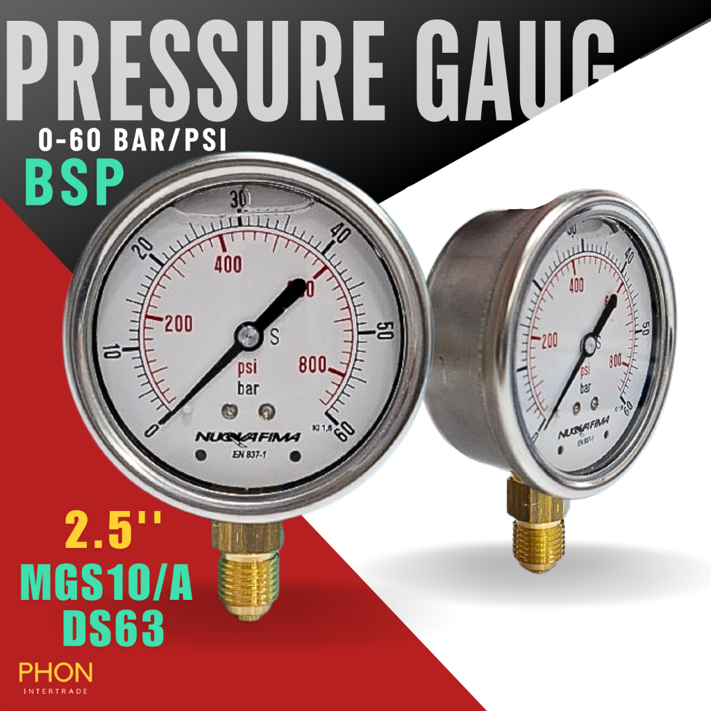MGS10/A DS63 0-60 BAR/PSI BSPM เกจวัดเเรงดัน เกลียว 1/4" มีน้ำมัน/ไม่มีนํ้ามัน ทองเหลืองออกล่าง หน้าปัด2.5''