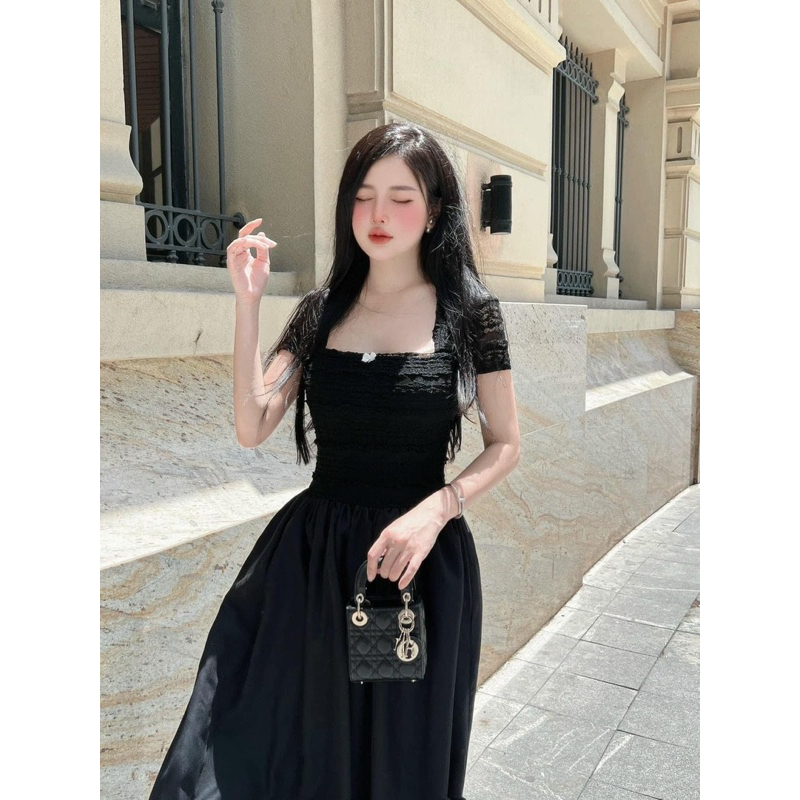 Teera❤️พร้อมส่ง✨เดรสผ้าลูกไม้ยืด แต่งโบว์กลางอก🎀ลุคดูสวยแพงแบบตะโกน ซิปหลัง goodluck