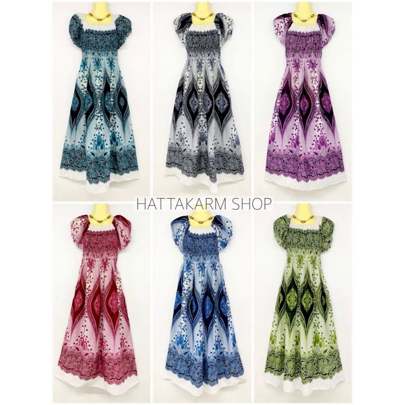 Dress เดรสแขนตุ๊กตา เดรสลายชบา เดรสลายช้าง