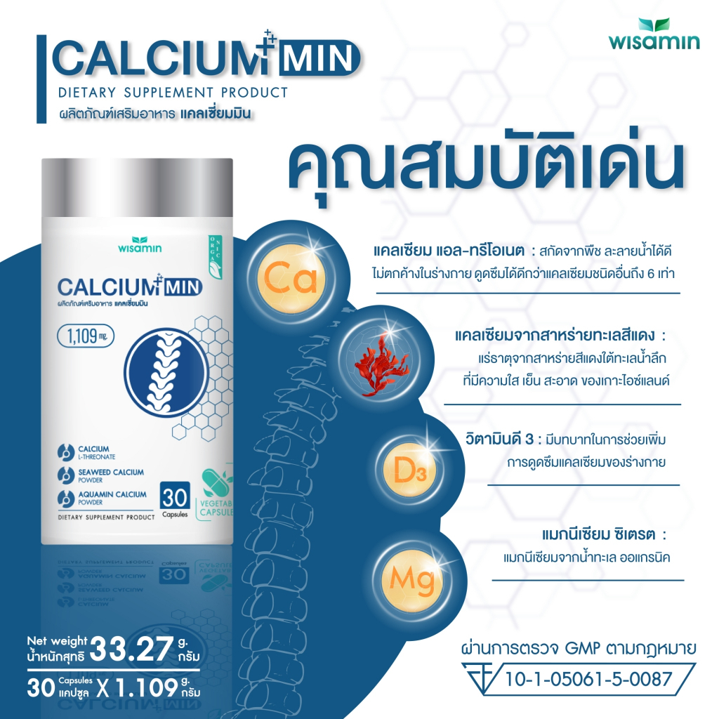 (ซื้อ 1 แถม 1) CALCIUM-MIN แคลเซียม 1,109 mg / แคปซูล (ตราวิษามิน) แคลเซียม แอลทรีโอเนต (แพคคู่ 2 กระปุก รวม 60 แคปซูล) - รูปที่ 3