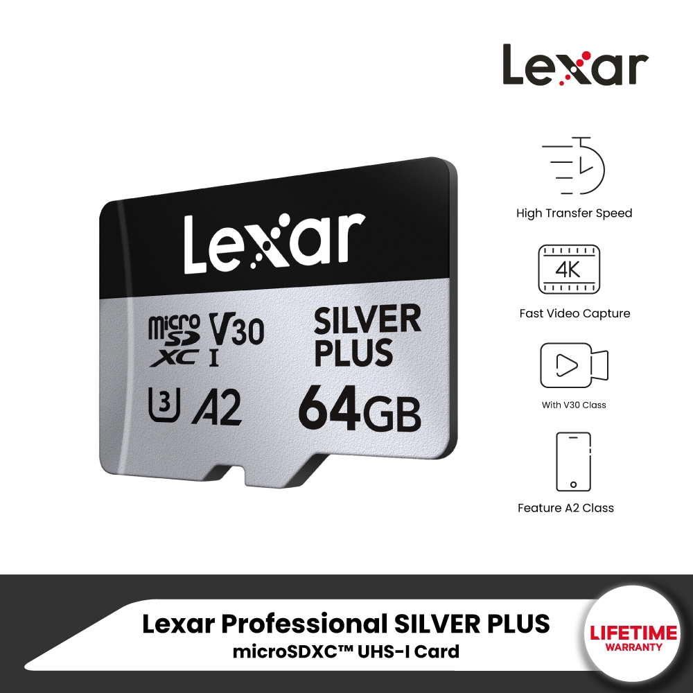 Lexar Professional Silver Plus microSD Card 64GB (ไมโครเอสดีการ์ด) Read 205MB/s Write150MB/s (LMSSIP