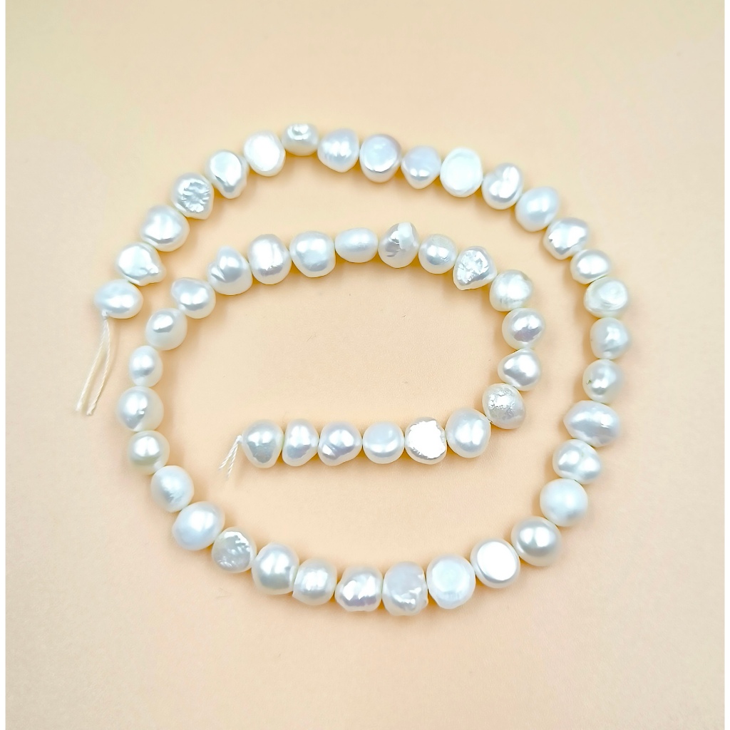 ลูกปัดมุกแท้ (Pearl) เม็ดกลมแบน (Flat Round) 7x8 mm - (สีขาว)