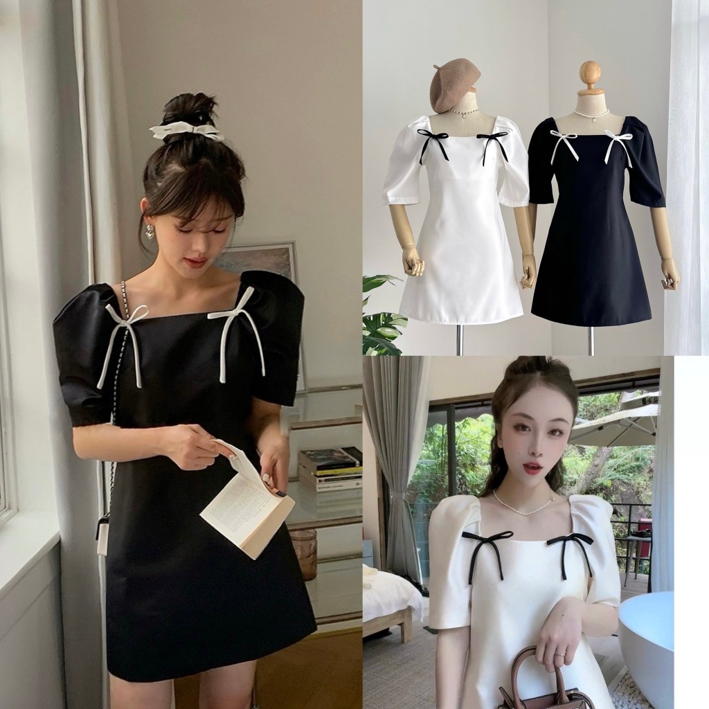 [พร้อมส่ง] เดรสคอเหลี่ยม แต่งโบว์ #DD131