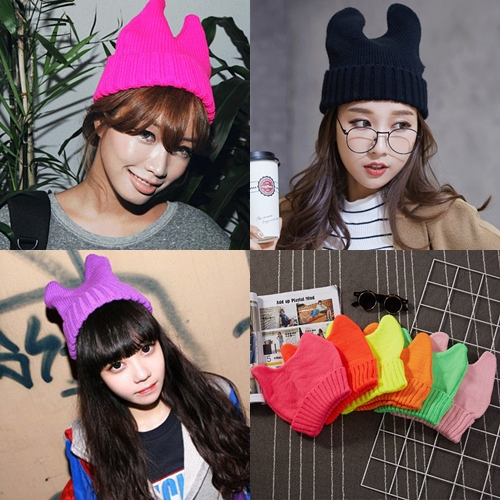 หมวกไหมพรม_มีหู Rabbit สีล้วน มีหลายสี ลายปัก หมวกหน้าหนาว  cap_hat สไตล์เกาหลี ราคาถูก พร้อมส่ง
