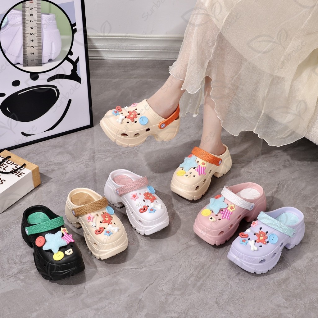 H509-DKB รองเท้าหัวโต แถมตัวติดแบบใหม่ เสริมส้นสูง 7 CM รองเท้ารัดส้น วัสดุ EVA สีพาสเทล ทูโทน สินค้าพร้อมส่ง