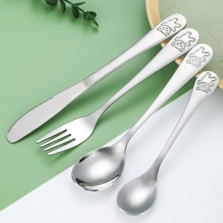 ShopAt.Two[ST-3037] ช้อน ส้อม มีดสเต็ก หมีน่ารัก ช้อนกินข้าวเด็ก ชุดช้อนส้อมบนโต๊ะอาหาร