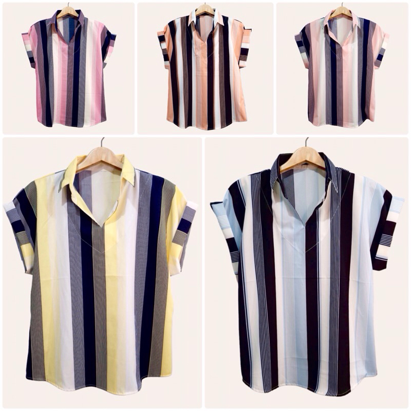 (อก 42”) เสื้อคอปก เเขนสั้น ลายทาง ผ้าไหมอิตาลี ไม่ต้องรีด