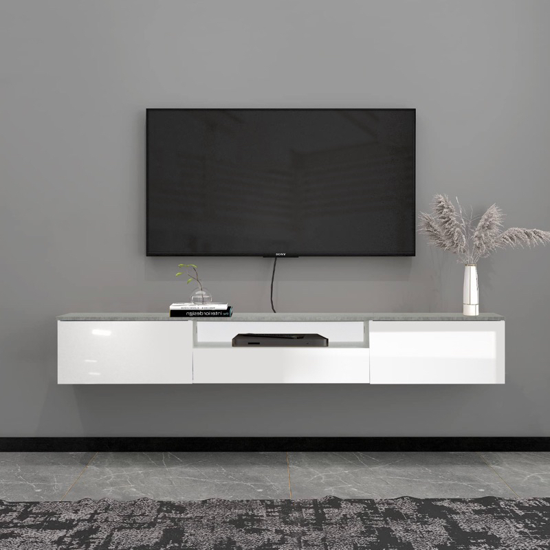 Tomato Home ชั้นทีวีติดผนัง Rome wall TV unit, หน้าบาน HIGH GLOSS, กว้าง200ซม |  ทีวีใหญ่สุด 85นิ้ว