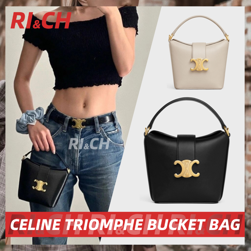 #Rich Celine ราคาถูกที่สุดใน Shopee แท้💯Celine Mini Triomphe Bucket Bag IN SMOOTH CALFSKIN กระเป๋าถั