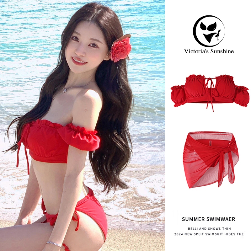 ไลฟ์สดลด50% บิกินี่+ปิดบัง บิกินี่สีแดง เกาะอก เซ็ต2ชิ้น ผูกทั้งสองด้าน สไตล์เซ็กซี่#0309