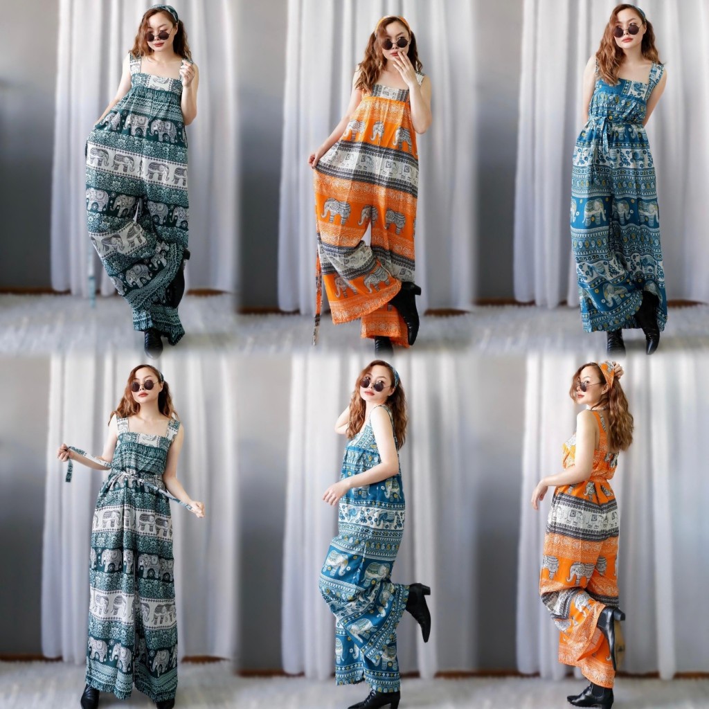 เอี๊ยมหมีลายช้าง (ชุด+สายรัดเอว+ผ้าโพก) ผ้าลื่น บางเบา ใส่สบาย ใส่แล้วเย็นไม่ร้อน