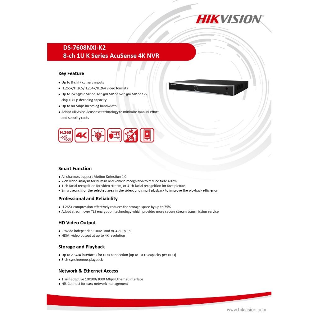 HIKVISION เครื่องบันทึกกล้องวงจรปิด 8CH 1U K Series AcuSense 4K NVR รุ่น DS-7608NXI-K2(D)