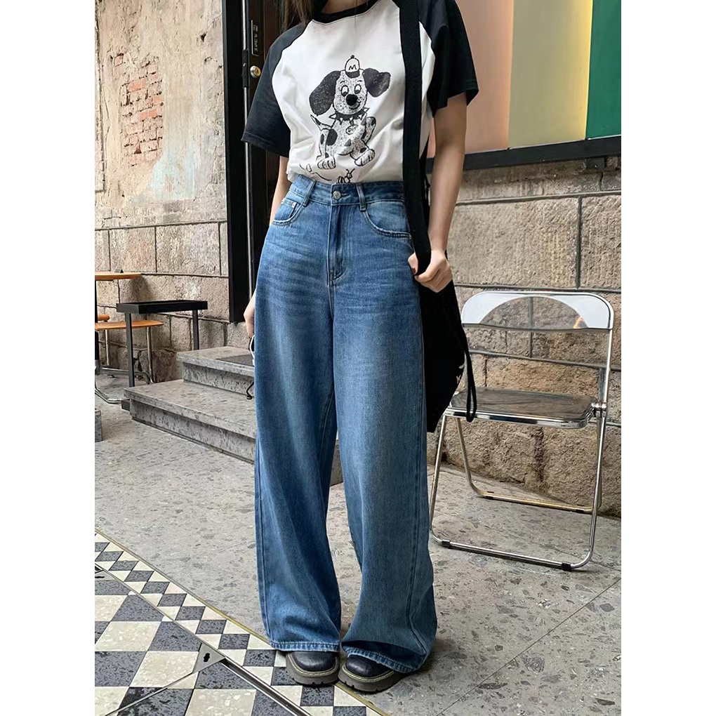 กางเกงยีนขาบาน เอวสูง ลําลอง สีฟ้า #9933 - รูปที่ 4