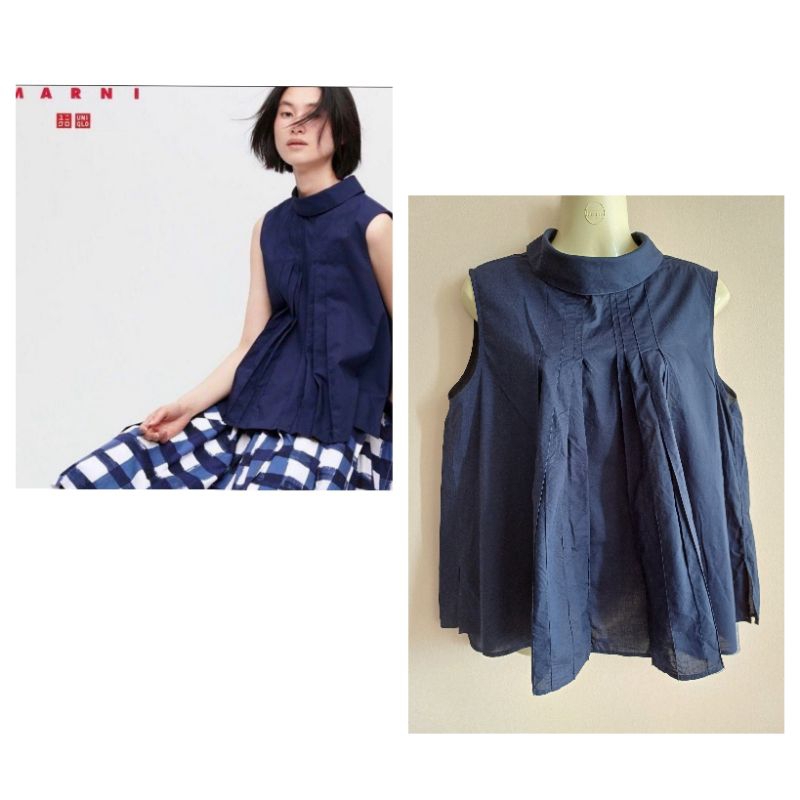 Uniqlo x Marni Pleated Sleeveless Navy Blouse Size L