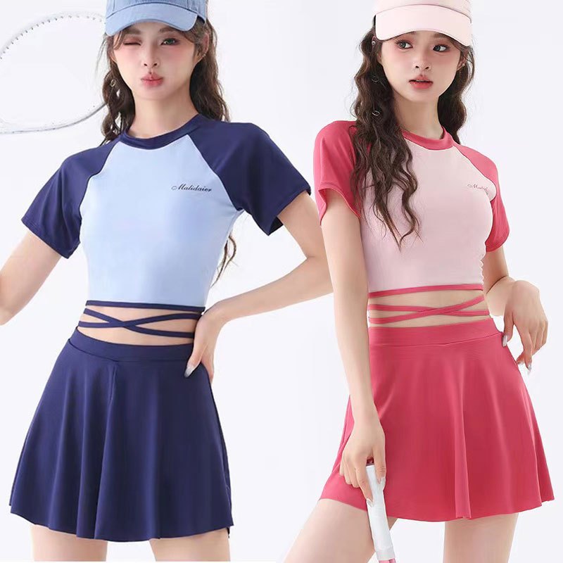 ไลฟ์สดลด50% ชุดว่ายน้ำผู้หญิง ชุดว่ายน้ำ เซ็ต2ชิ้น เอวสูง มีซับใน ผูกเอว สไตล์สปอร์ต#0362