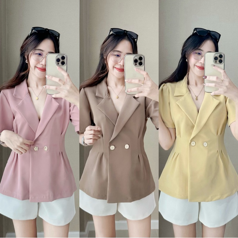 สูทแขนสั้น คอปกกระดุม2เม็ด เข้ารูปใส่แล้วมีเอว เนื้อผ้าไอวี่ทิ้งตัวสวย สีพื้นเรียบๆ