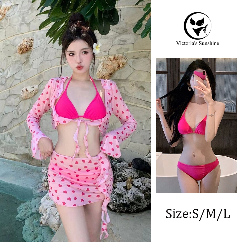 Victoria's Sunshine ชุดว่ายน้ําเซ็กซี่ ชุดบิกีนี่ เซ็ต4ชิ้น หัวใจสีชมพู มีฟองน้ำ เที่ยวทะเล#0335