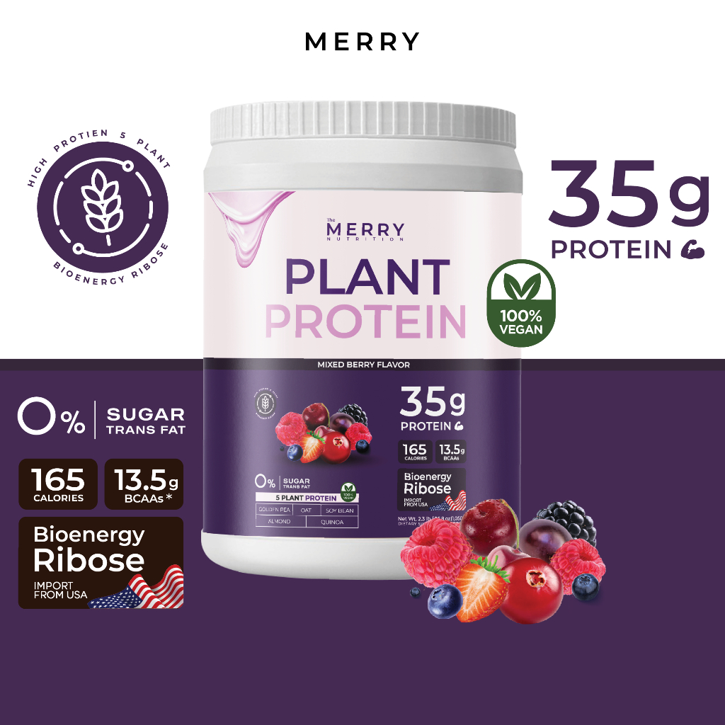 [1 กระปุก] Merry Plant Protein โปรตีนพืช 5 ชนิด : รส Mixed Berries