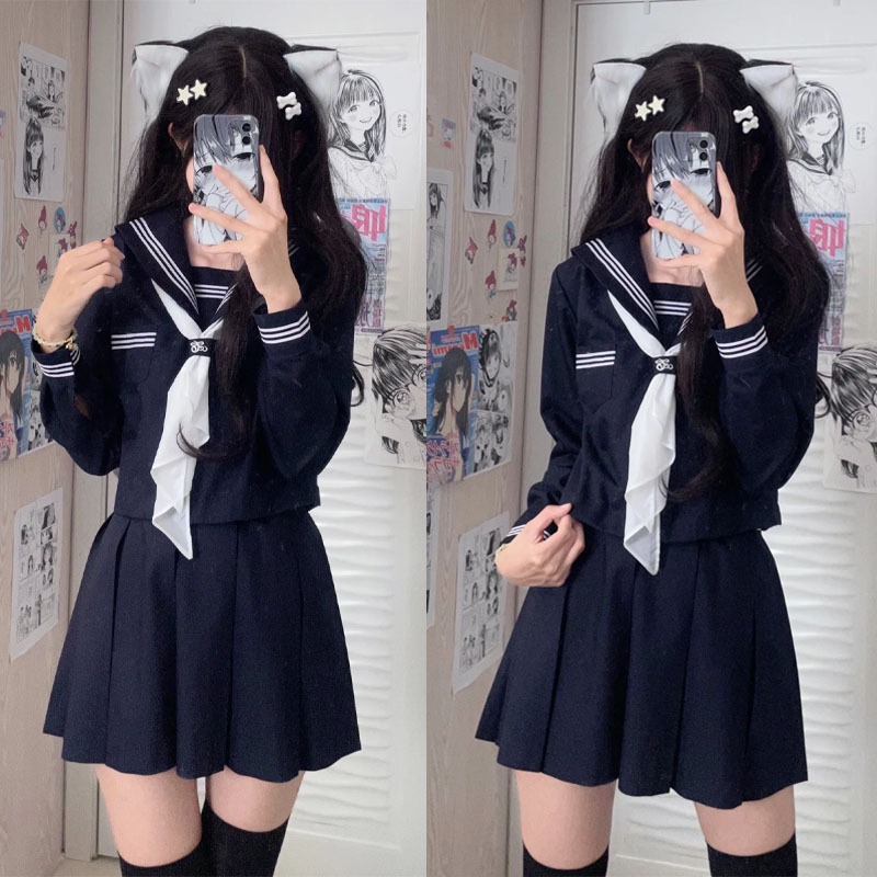 สไตล์ญี่ปุ่น ชุดนักเรียน ชุดกะลาสี ชุด เวอร์ชั่นเกาหลี กระโปรงสั้น