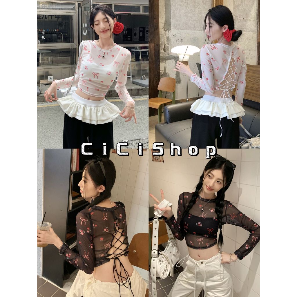 Cicishop(J1222)เสื้อซีทรูลายดอกไม้หวานแซ่บ โชว์หลังสายไขว้ มีซับด้านในให้แล้ว ใส่ง่ายและสวยต้องตำแล้ว