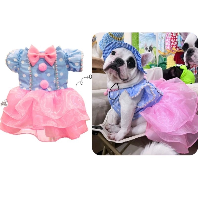 PetSociety เสื้อสุนัข เสื้อแมว เสื้อลายจุดแขนระบาย แต่งปอมปอม กระโปรงชมพู