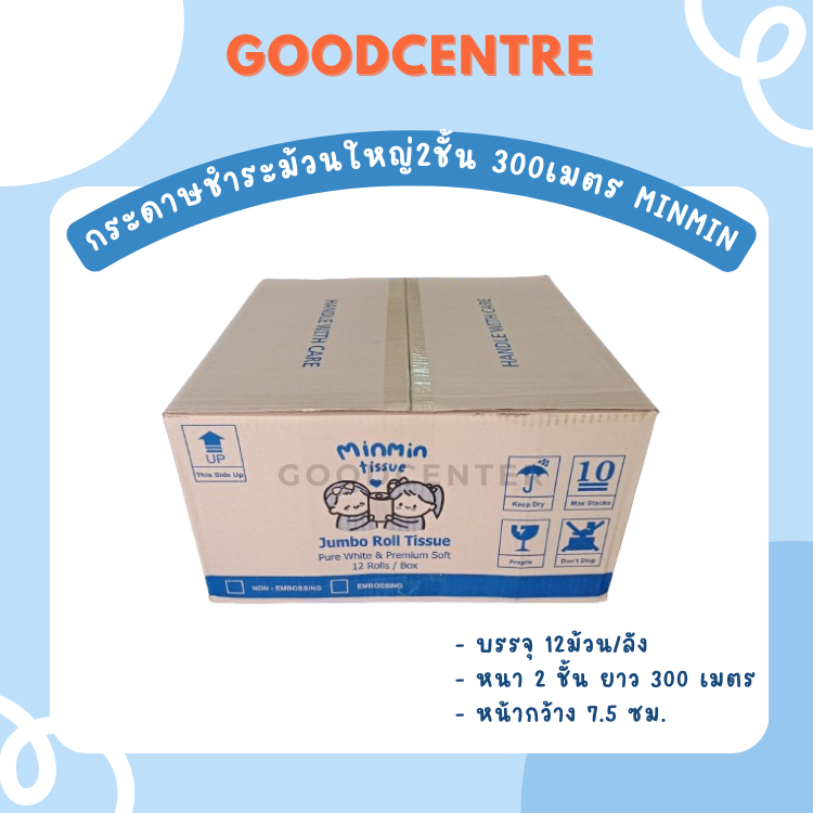 Minminกระดาษชำระม้วนใหญ่ JRT 2ชั้น 300 เมตร หน้ากว้าง 8 ซม. - 1ลัง