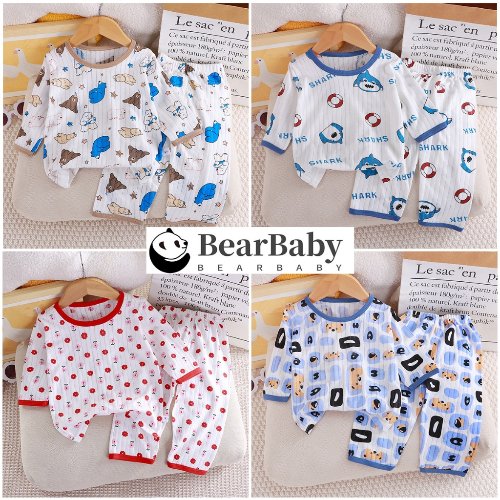 ชุดนอนเด็ก เซท2ชิ้น เสื้อผ้าเด็ก เเขนยาวขายาว ผ้ายืดได้ ลายสวย ขอบสีน่ารัก