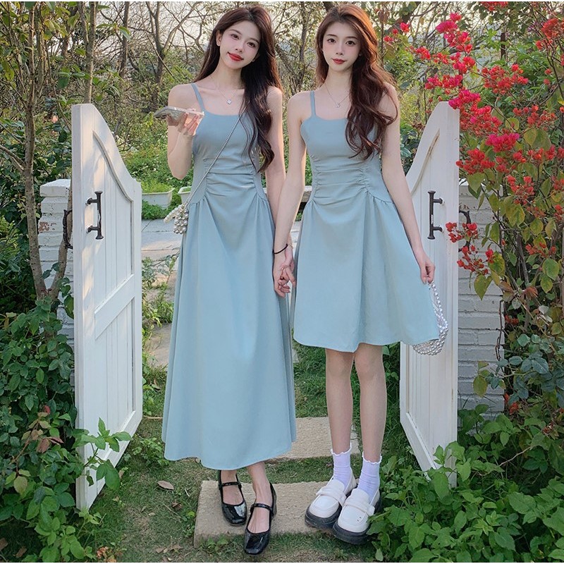 Swan Shop ชຸດເດຣສແຟຊັນສາຍບາງ ສີຂຽວອົມຟ້າ/ສີດຳ (ມີສັ້ນ ແລະ ຍາວໃຫ້ເລືອກ)