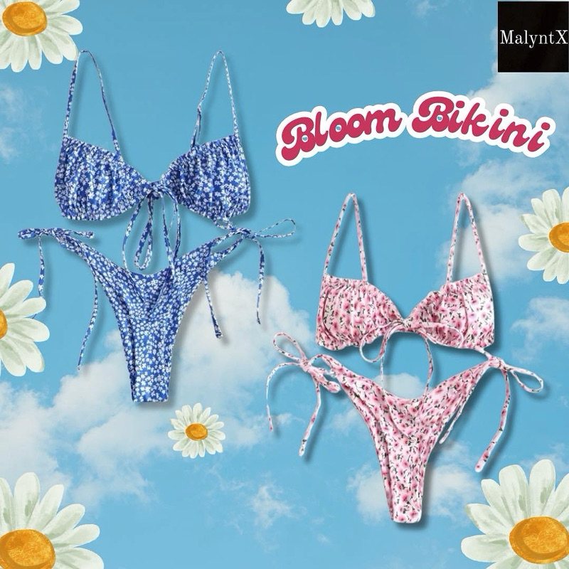 NEW Bloom Bikini บิกินี่ชุดว่ายน้ำพิมพ์ลายดอกไม้ กางเกงทรงเว้าสูง บราผูกหลัง #BK08