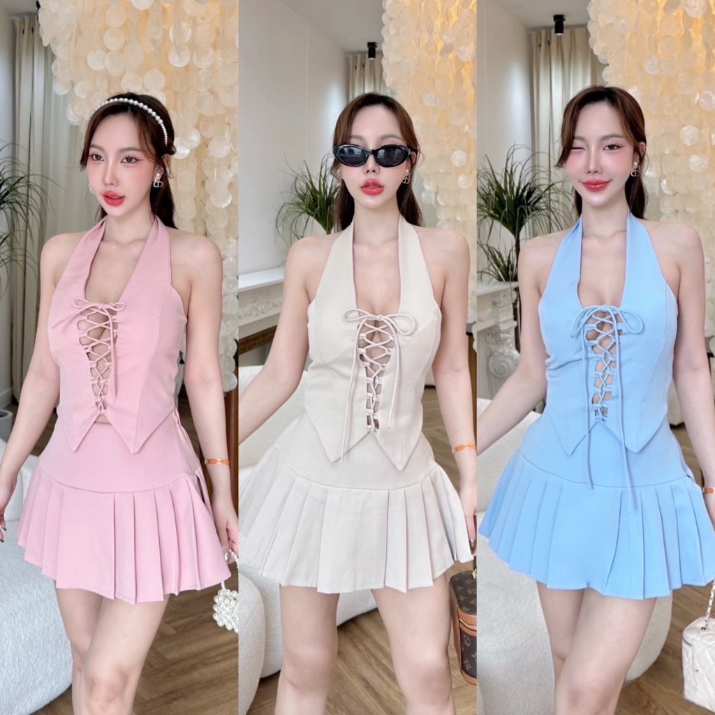 C06 - ชุดเซ็ต เสื้อร้อยเชือก+กระโปรงพลีท