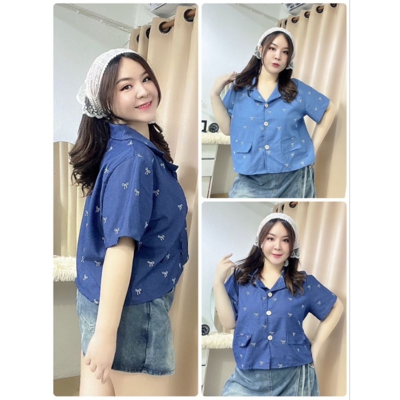 เสื้อสาวอวบคอปกผ้ายีนส์เนื้อนิ่มลายโบว์แต่งกระเป๋าติดกระดุมหน้า(กระดุมหน้าใช้งานได้จริงค่ะ )ขนาดฟรีไซส์ รอบอก 40-48 นิ้ว