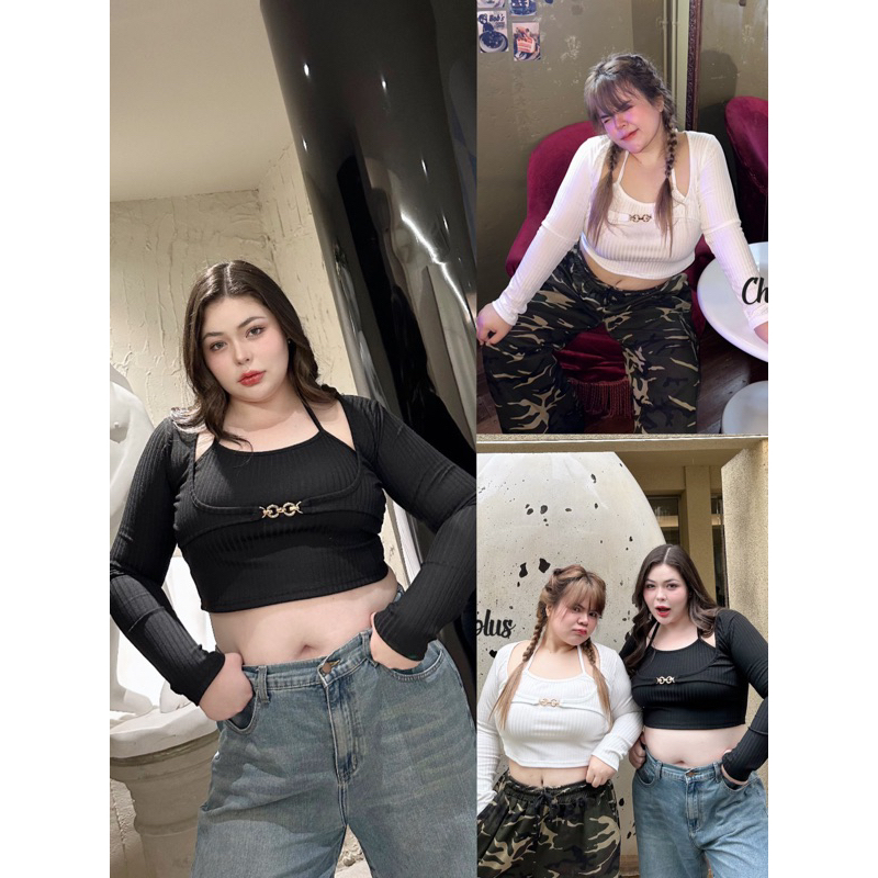 เสื้อครอปแขนยาว ผูกคอ ช่วงอกแต่งอะไหล่ทอง สาวอวบ plussize อก 40-52 นิ้ว(มีไซซ์) งานเก๋สุดๆ