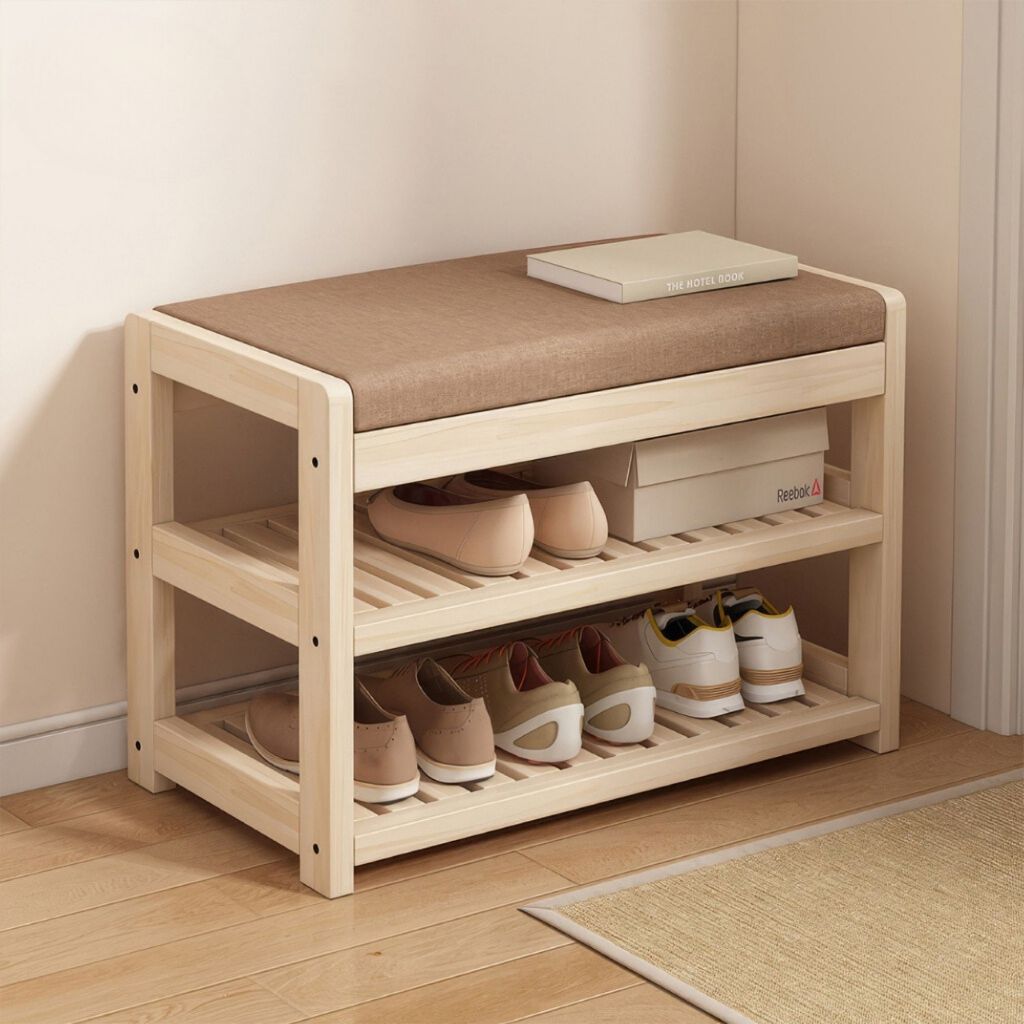 ชั้นวางรองเท้า ที่วางรองเท้าไม้ shoe rack สะดวกในการนั่งใส่รองเท้า กันความชื้น Nana natural