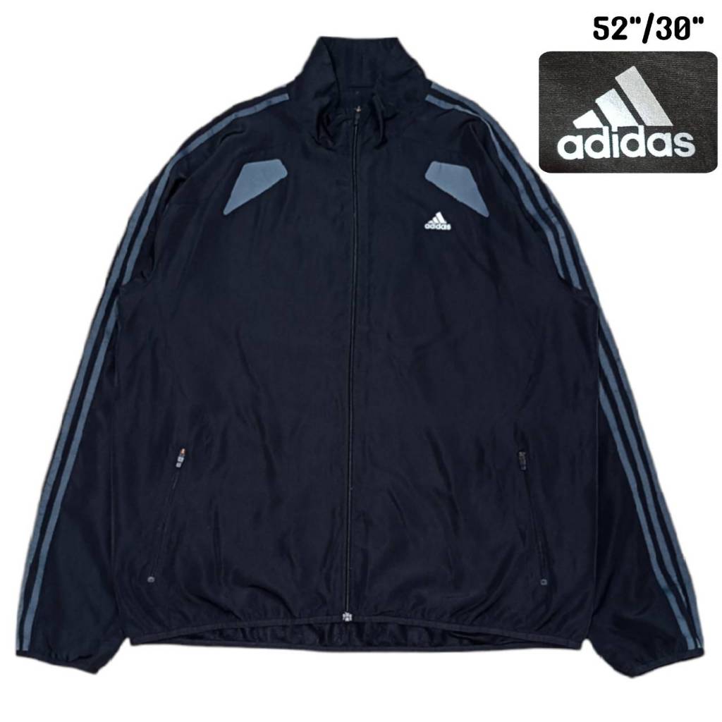 ADIDAS CLIMACOOL JACKET เสื้อแจ็คเกตผ้าร่ม อดิดาส สีดำ 3 แถบ สีฟ้าเทา มือสอง สภาพดี