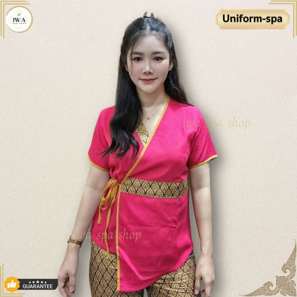 เสื้อหมอนวด เสื้อสปา ผูกเอว ลายไทย ผ้าโซล่อน สวมใส่สบาย ใส่แล้วคล่องตัวไม่อึดอัด มีหลายสีให้เลือก พร้อมส่งจากไทย