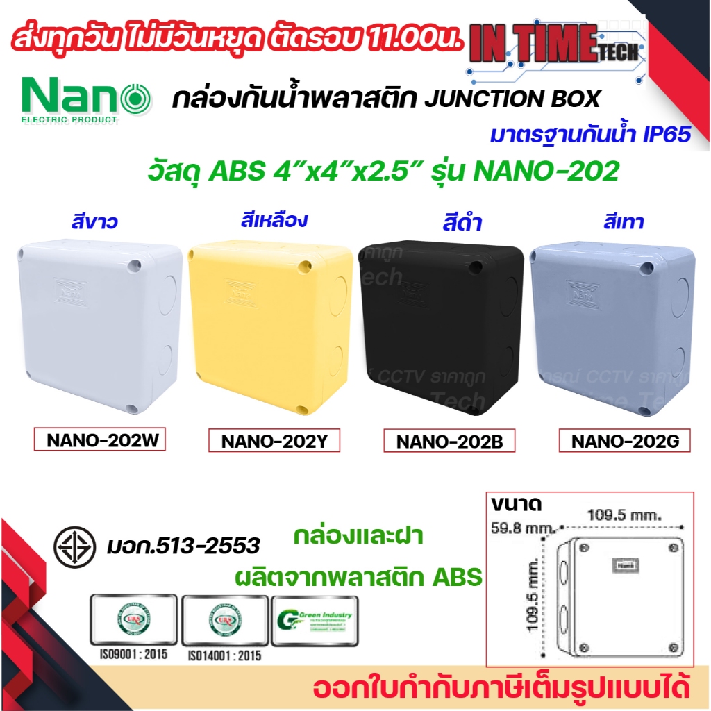 NANO กล่องพักสาย 4x4 ABS รุ่น NANO-202W บล็อคพักสาย Box กันน้ำ สีขาว สีเหลือง สีดำ และสีเทา IP65 มอก.513-2548