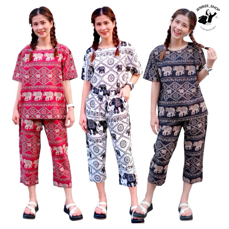 ชุดเซ็ทช้างผ้าฝ้ายผสมผ้าลินินสำหรับสาวอวบ